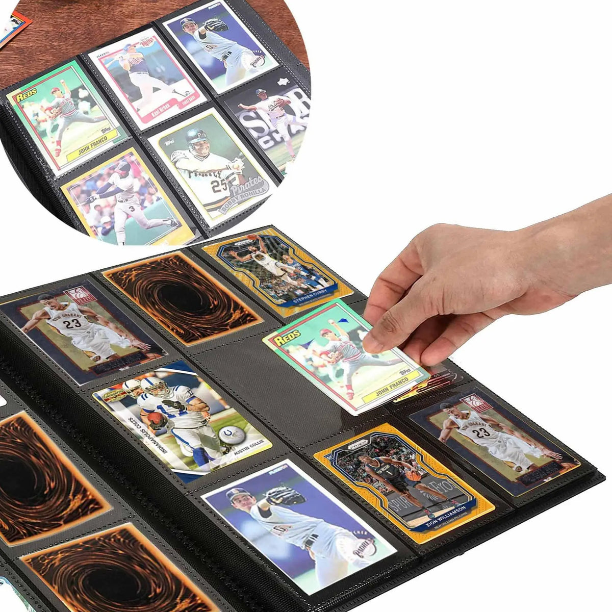 A hand is placing a sports card into a durable binder collection featuring various trading cards.