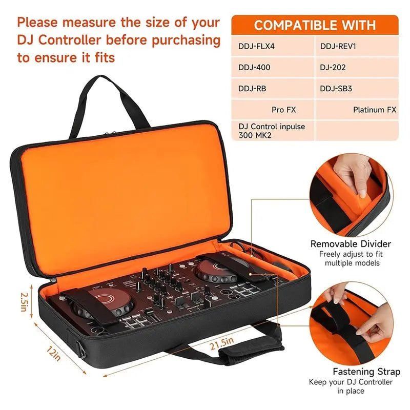 Orange padded case for a DJ controller with removable dividers and fastening strap
