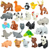 A collection of various zoo animal figures made from large building blocks in various colors and styles.