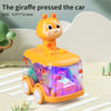 An orange giraffe toy car with a transparent body and colorful internal features is shown on a light surface.