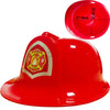 A bright red firefighter helmet for kids, shown from a side angle.