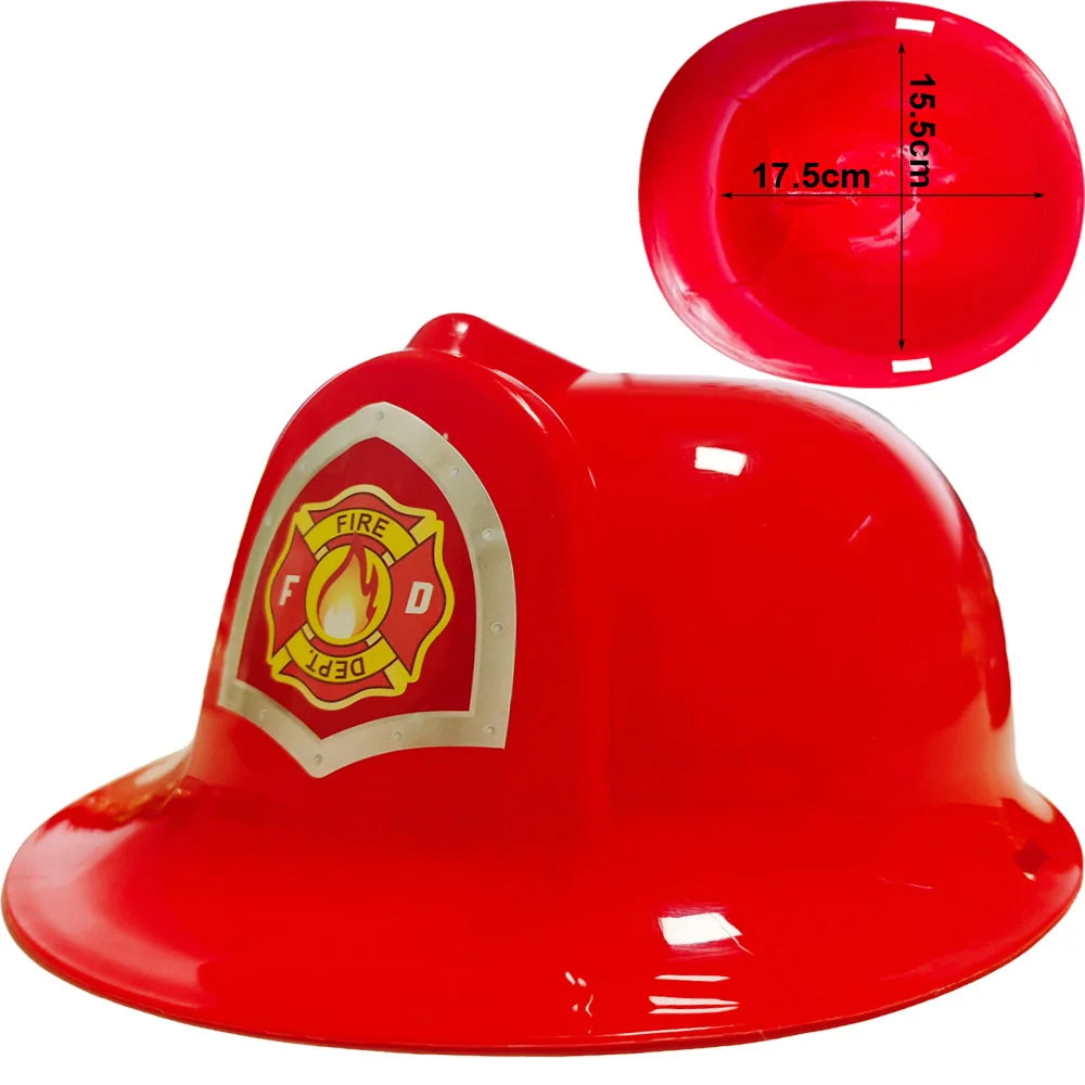 A bright red firefighter helmet for kids, shown from a side angle.