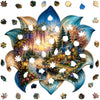 A jigsaw puzzle depicting a magical forest scene with a wooden house, trees, flowers, and a sunset.