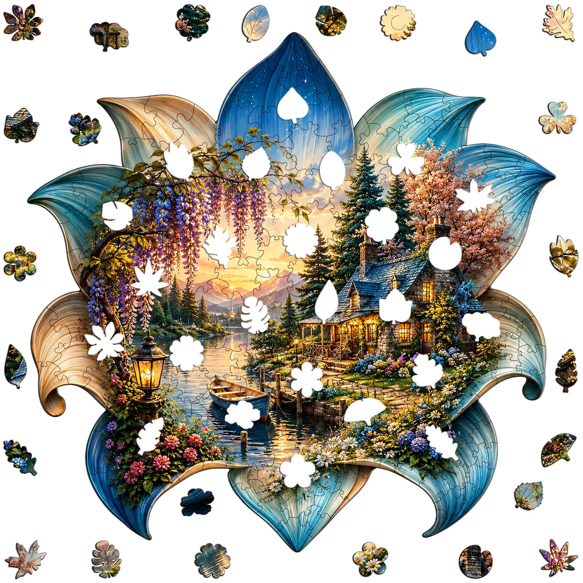 A jigsaw puzzle depicting a magical forest scene with a wooden house, trees, flowers, and a sunset.