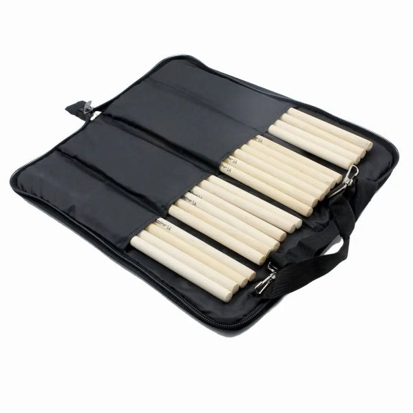 Black Oxford cloth percussion drum stick bag with multiple compartments and straps