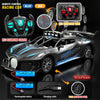 A black and blue remote control racing car with a canopy, battery, and charging cable shown in various components.
