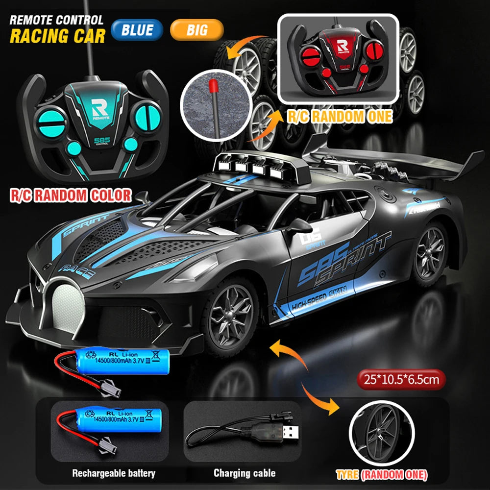 A black and blue remote control racing car with a canopy, battery, and charging cable shown in various components.