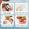 Instructions for assembling and using an ant-shaped water blaster toy, showing battery installation, water injection, bottle 