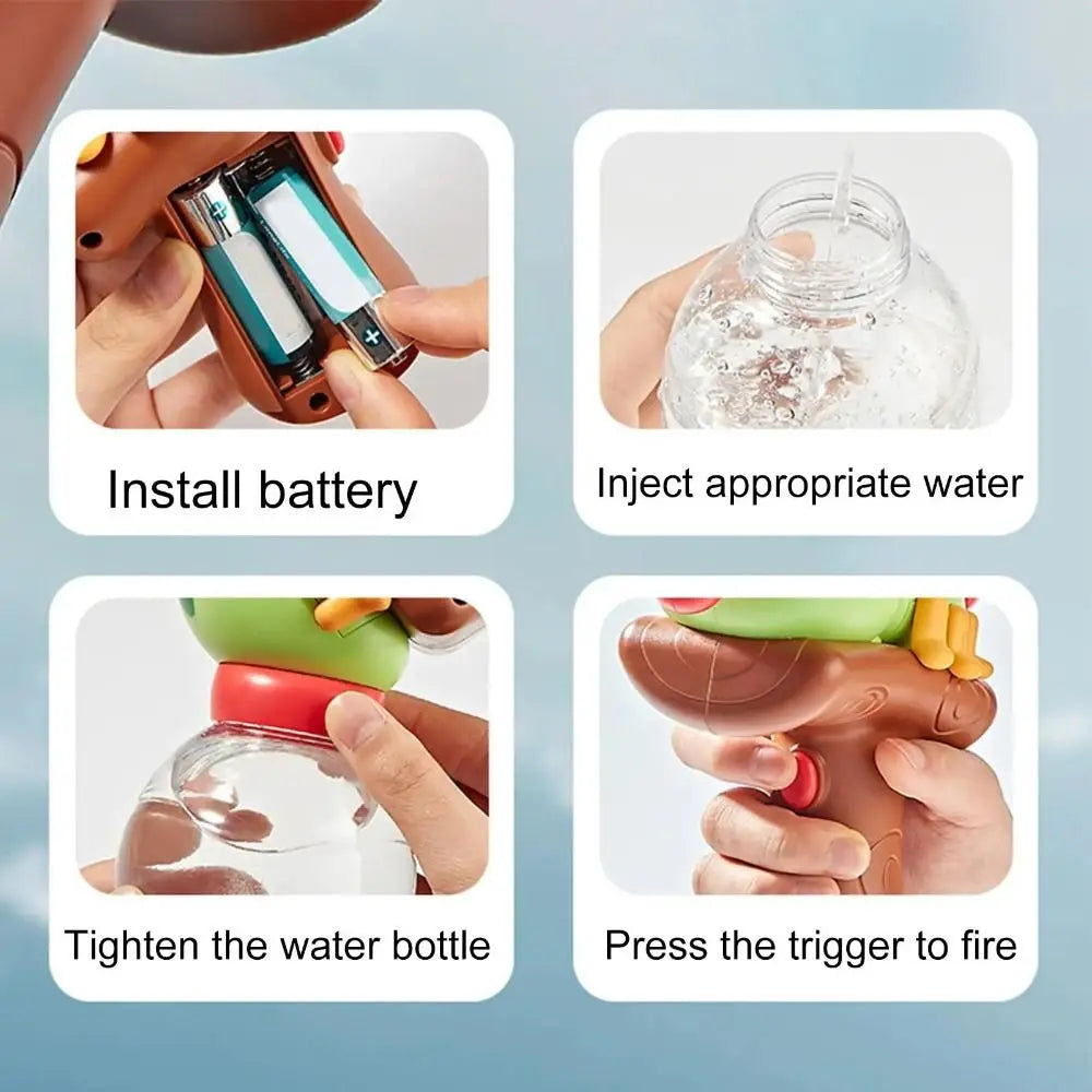 Instructions for assembling and using an ant-shaped water blaster toy, showing battery installation, water injection, bottle 