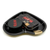 A black love-shaped metal rolling tray holding a dark tin and a rectangular box for a herb grinder.