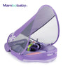 A purple baby swim float with a canopy and tail support is shown open on a white background.
