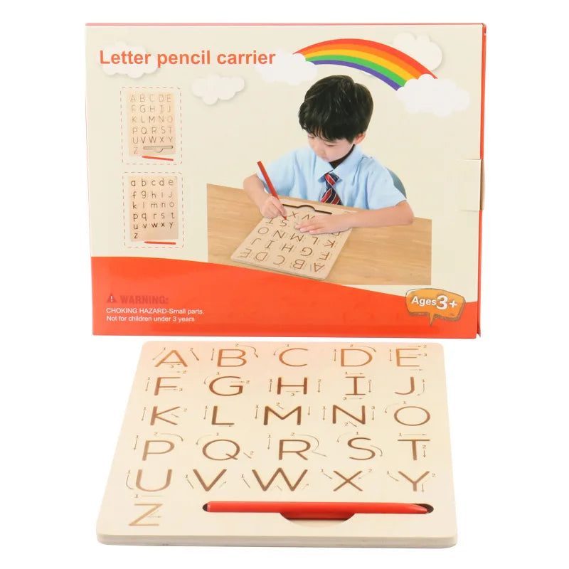 A wooden letter pencil carrier board with an illustration of a child tracing letters and a rainbow.