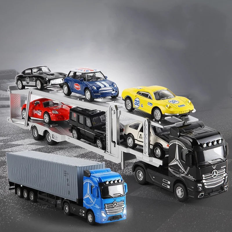 A diecast container truck with pull-back action featuring various cars and a truck on the trailer.