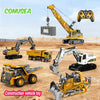 A collection of yellow construction vehicle toys including excavators, trucks, and machinery set against a dirt background.