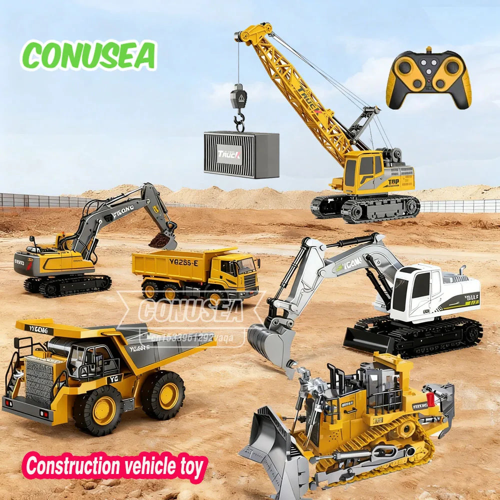 A collection of yellow construction vehicle toys including excavators, trucks, and machinery set against a dirt background.