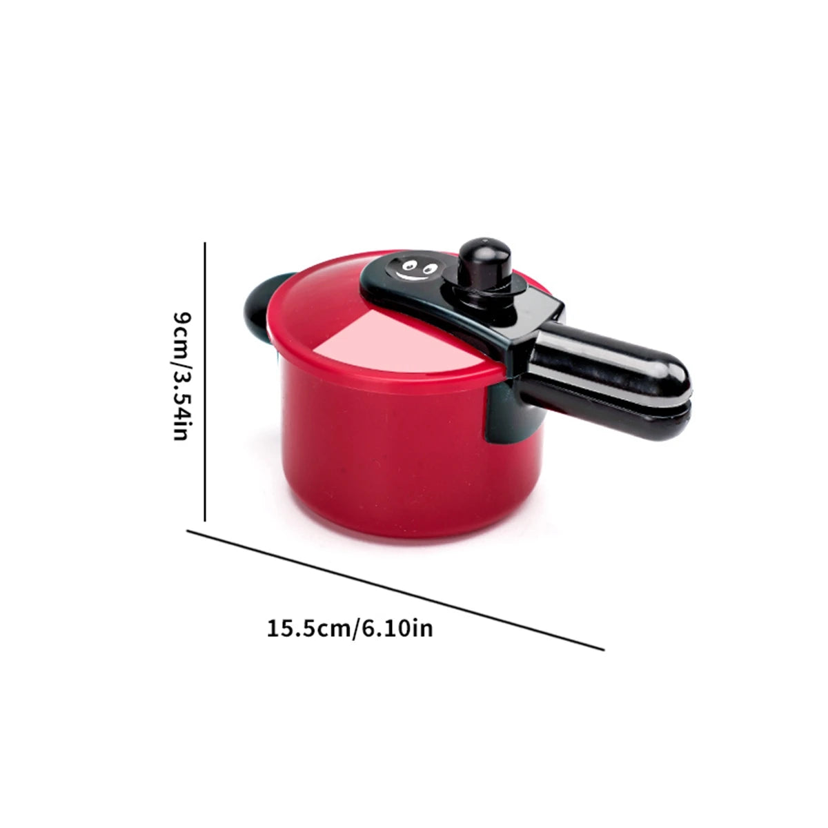 A red kids play kitchen cooking set with a pot and pan, shown from above.