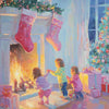 A painting of a fireplace decorated with pink stockings and Christmas greenery, with children playing nearby.