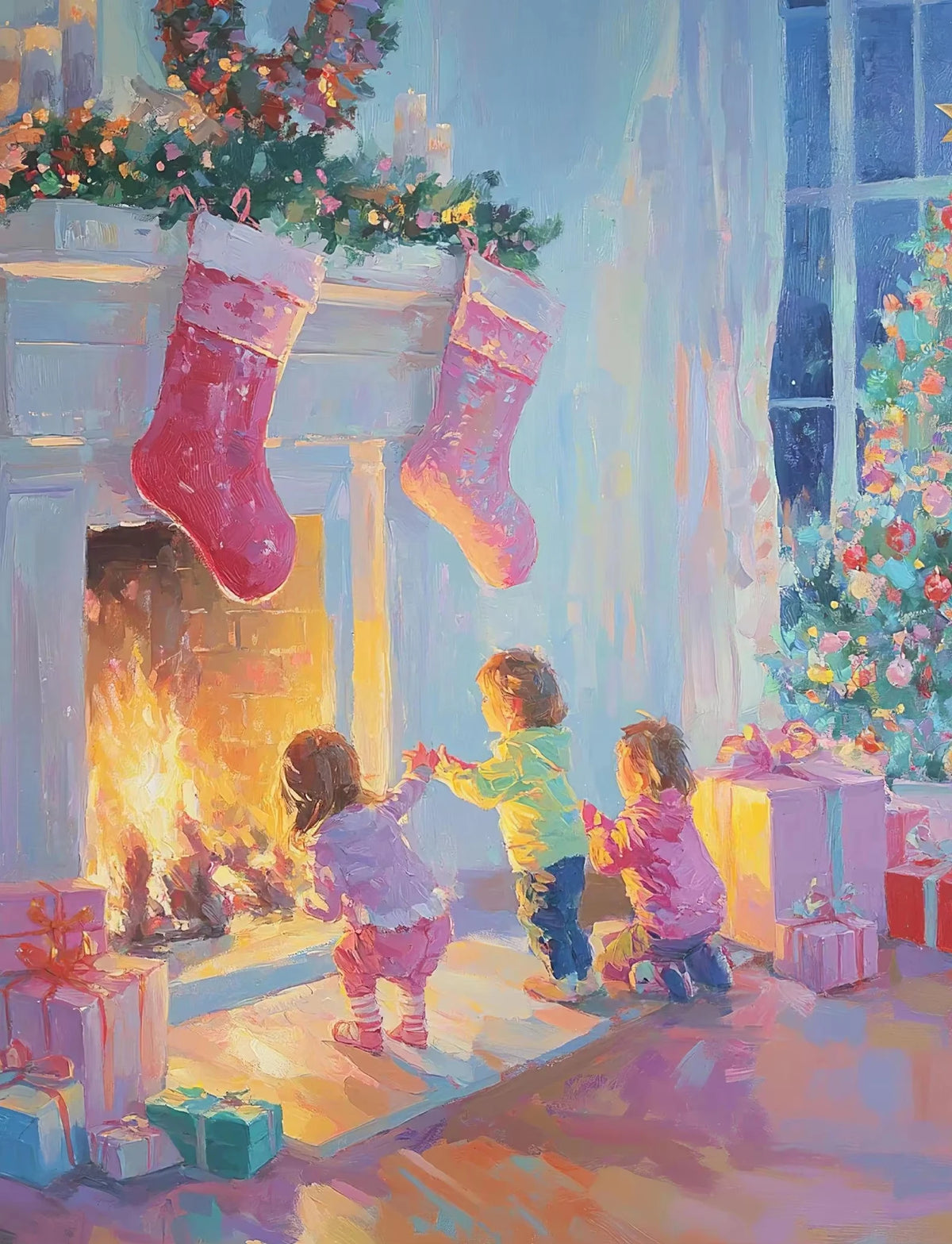 A painting of a fireplace decorated with pink stockings and Christmas greenery, with children playing nearby.
