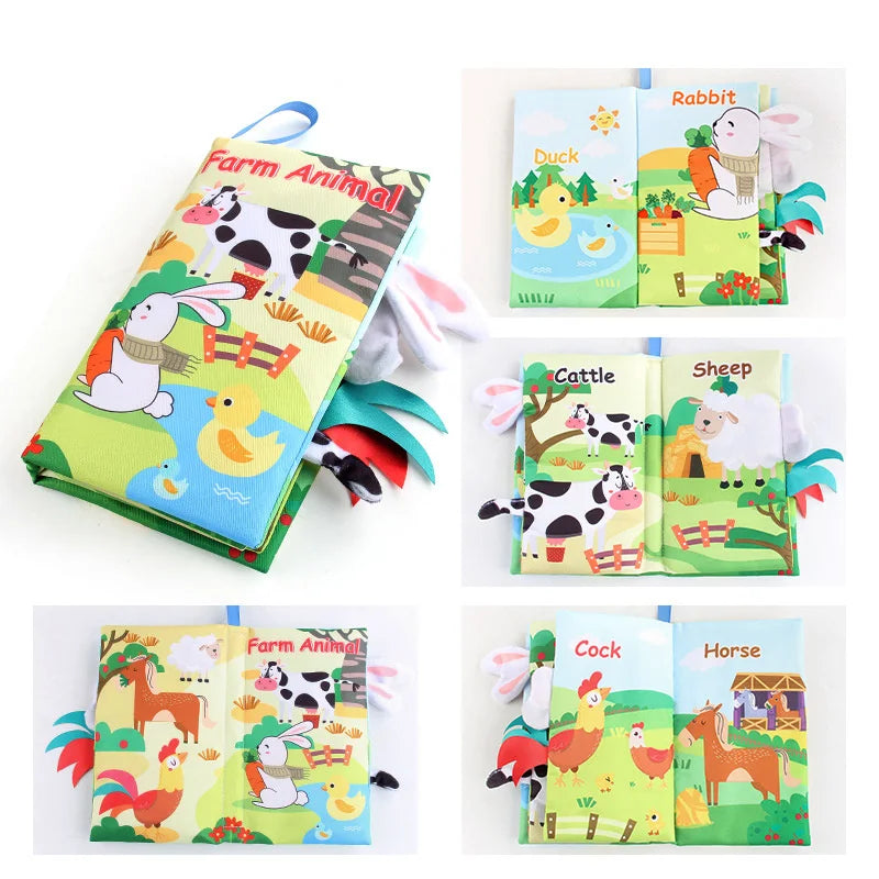 A collection of soft fabric baby books featuring farm animals like rabbit, duck, cattle, sheep, cock, and horse.