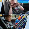 A toddler is shown using a blue and orange busy board sensory activity book in the car seat.
