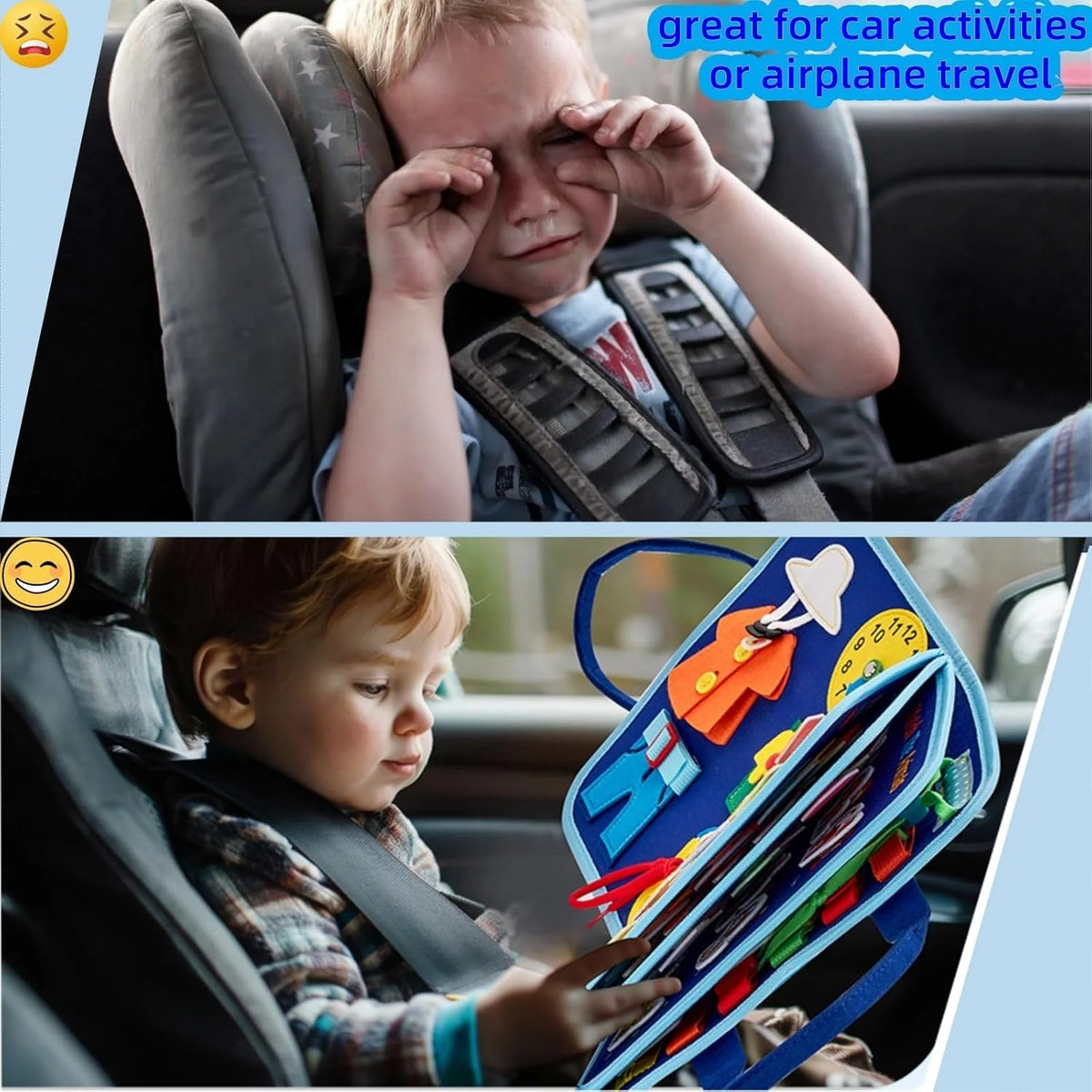 A toddler is shown using a blue and orange busy board sensory activity book in the car seat.