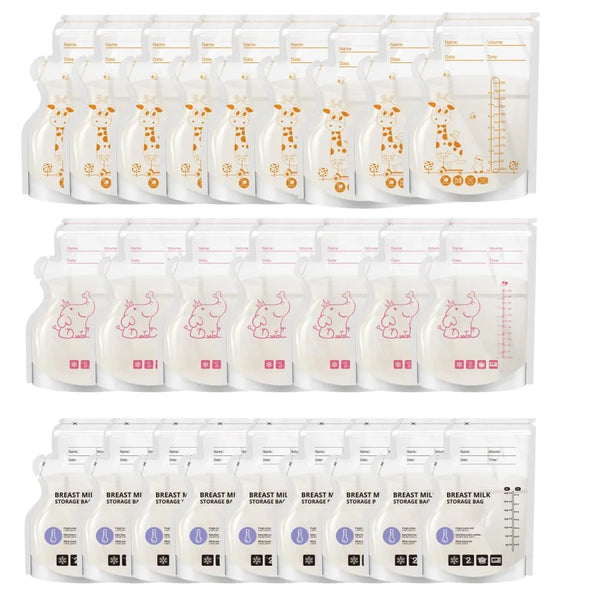 Collection de sacs réutilisables en silicone pour le lait maternel, de diverses formes et couleurs.