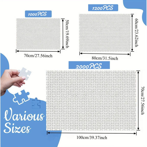 Various sizes of gray jigsaw puzzles with different piece counts including 1000, 1200, and 2000 pieces