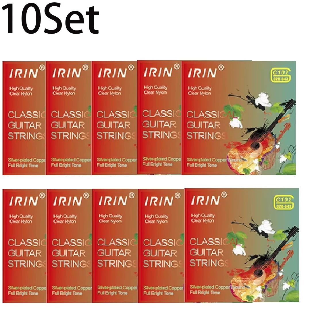 A set of 10 classical guitar strings featuring clear nylon and silver-plated copper wound strings.