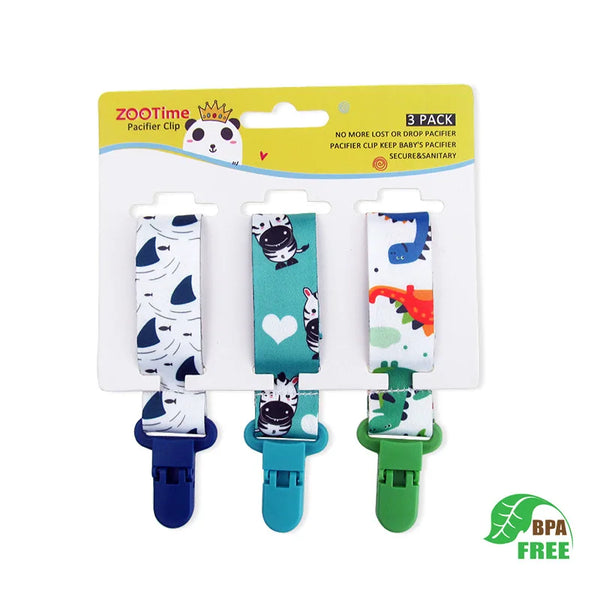 Un set de trois clips à tétine de dessins personnalisés avec des animaux comme un panda et un tigre.