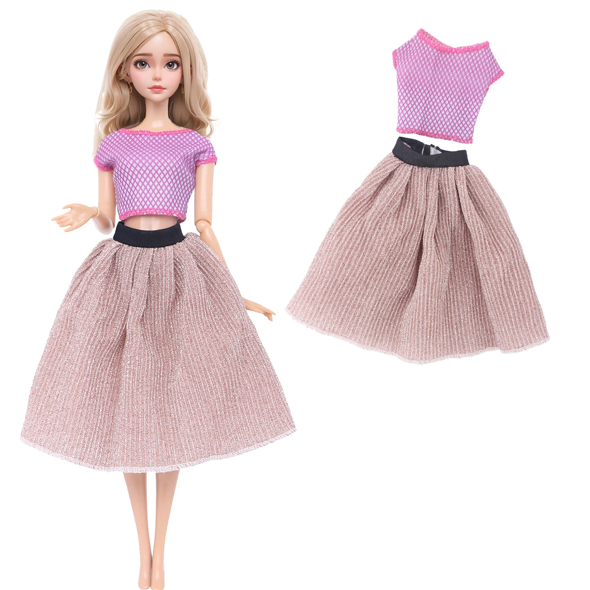 Fashion Doll Outfit Set – Wave Point Dress & Denim Grid Skirt for 11.5–12 Inch Dolls