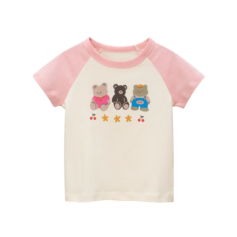 A light pink and cream short-sleeve cotton t-shirt featuring three cute bear graphics.