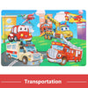 A wooden puzzle set featuring various vehicles like fire trucks and airplanes in a colorful outdoor scene.