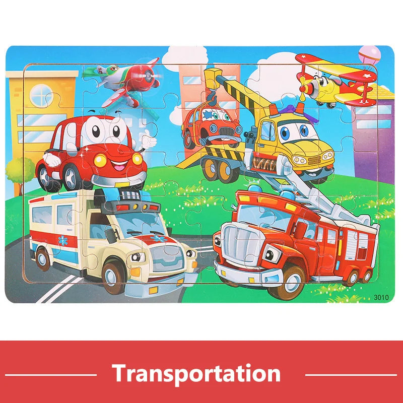 A wooden puzzle set featuring various vehicles like fire trucks and airplanes in a colorful outdoor scene.
