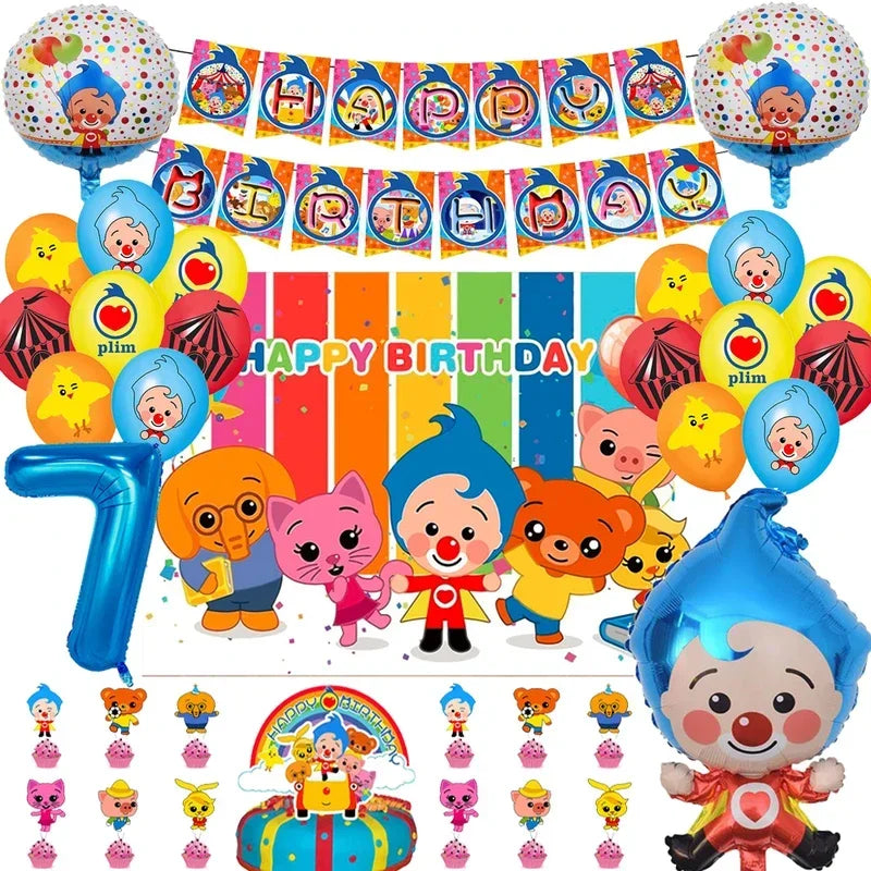 A collection of colorful balloons, banners, and decorations for a circus clown themed birthday party.