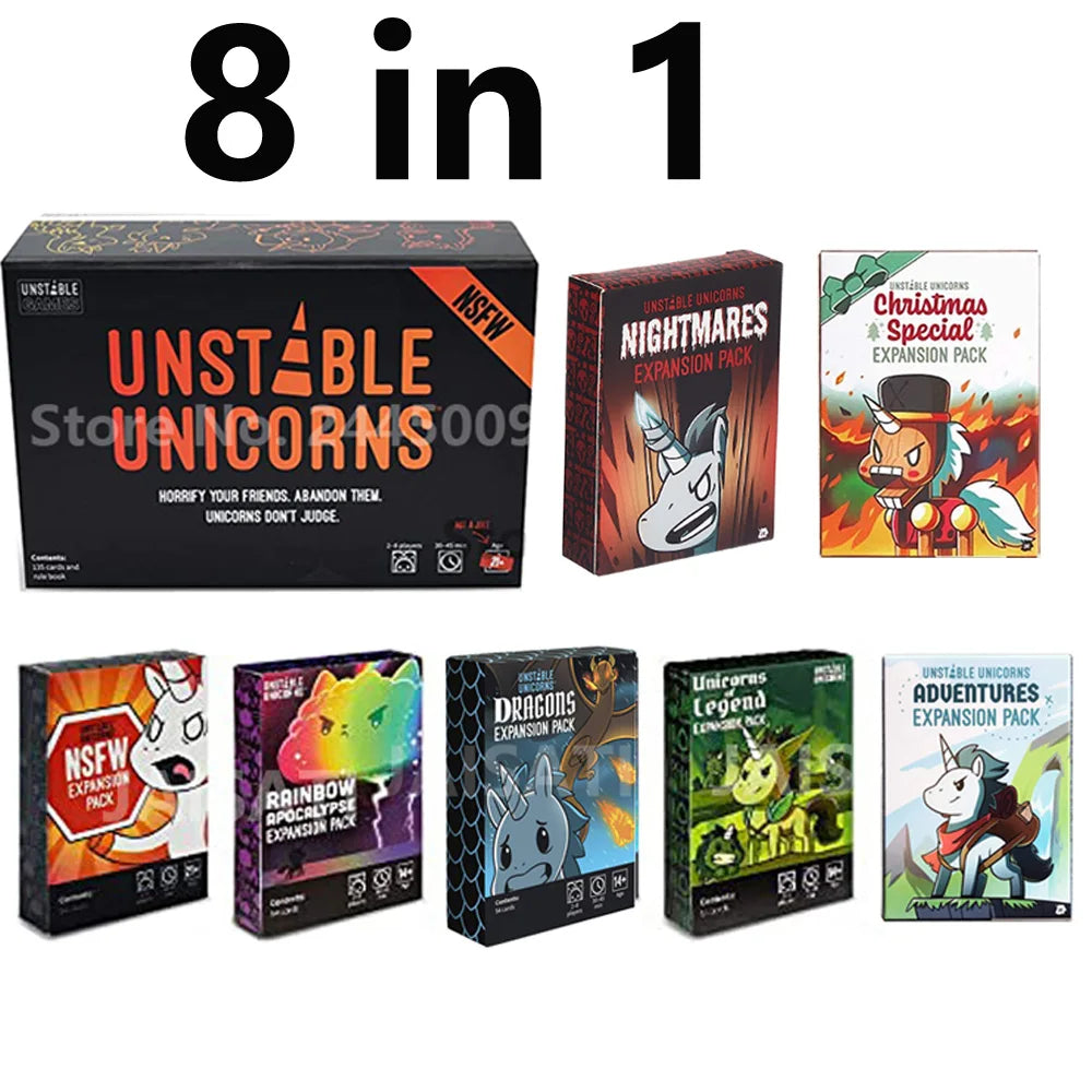 A collection of eight Unstable Unicorns expansion packs and a Christmas special pack for the Dungeon Mayhem Monster Madness c