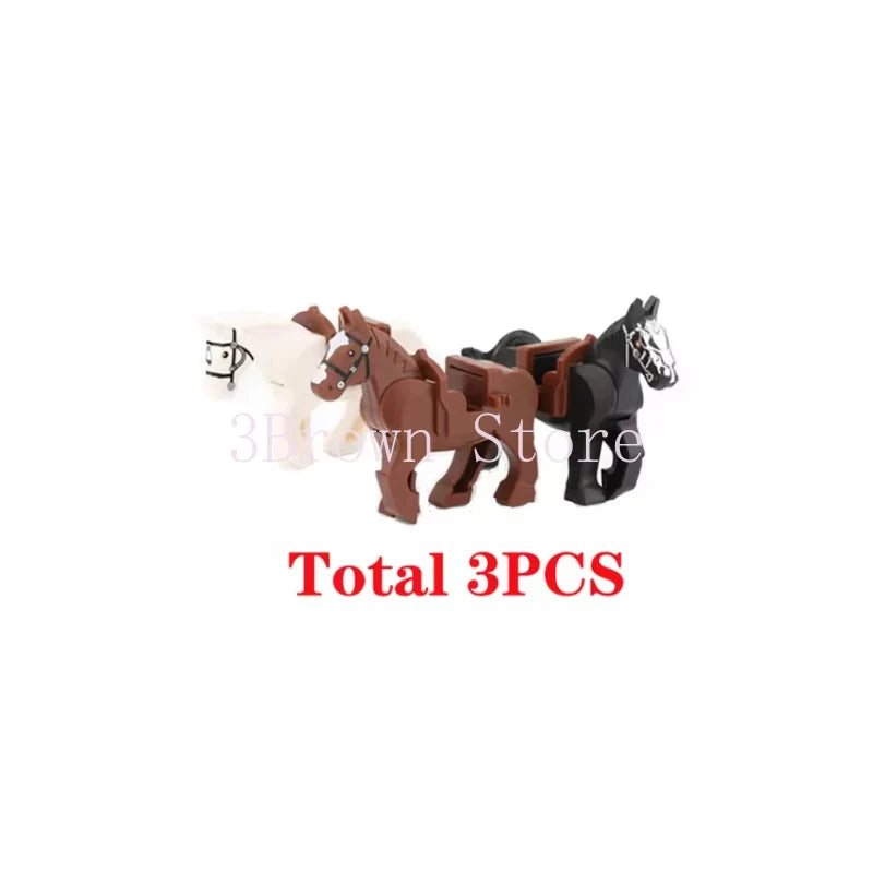 A set of three brown and black horse-like animal building blocks for kids and collectors.