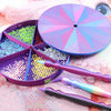 A purple rotating diamond painting storage tray organizer with colored beads and a stylus tool.