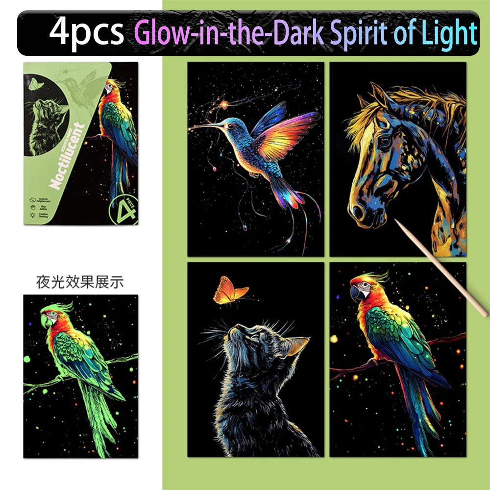Four glow-in-the-dark scratch art pieces featuring a parrot, a horse, a cat, and another parrot.
