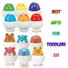 A set of five colorful, matching egg-shaped learning toys for toddlers, featuring green, yellow, purple, blue, and red eggs.