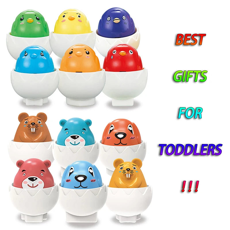 A set of five colorful, matching egg-shaped learning toys for toddlers, featuring green, yellow, purple, blue, and red eggs.