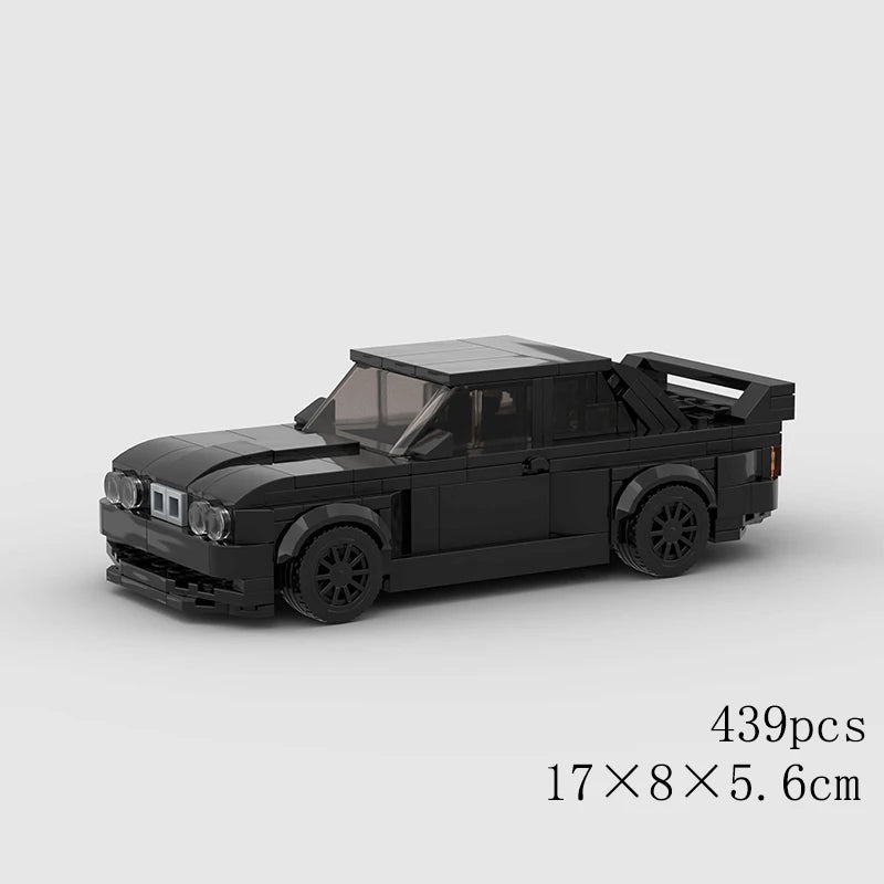 A black classic rally car building block set shown from the side.