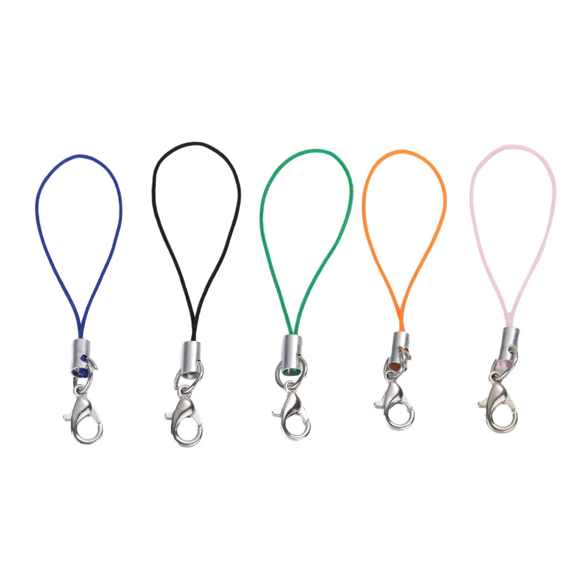 Five colored lobster clasp keychain charms in blue, black, green, orange, and pink.