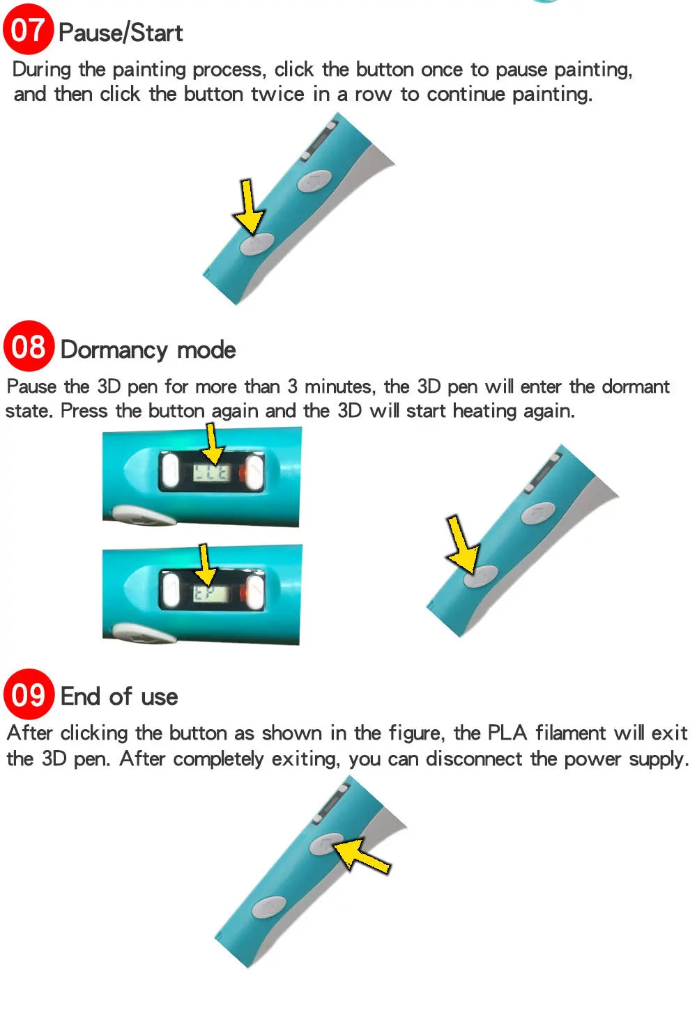 Diagram showing the operation of a 3D printing pen, including pause/start and dormancy modes.
