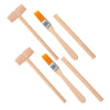 A set of three tools for a dinosaur excavation kit including a wooden hammer, chisel, and brush.