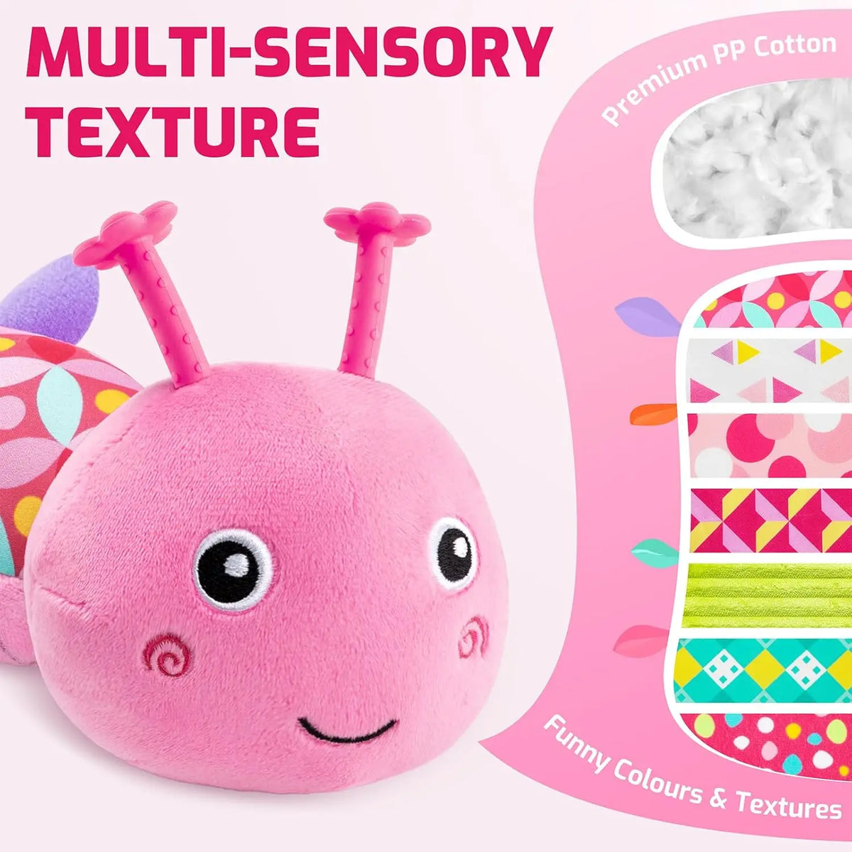 Pink caterpillar plush toy with multi-sensory texture and funny colours for baby sensory play