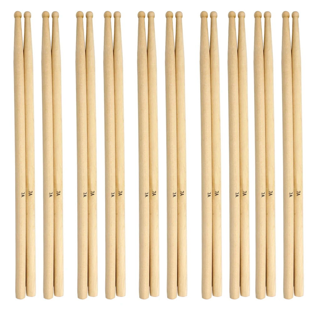 A set of maple wood drumsticks in sizes 5A, 5B, and 7A arranged vertically.