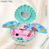 A light blue shell-shaped makeup toy set with a heart-shaped mirror and various colored cosmetic products.