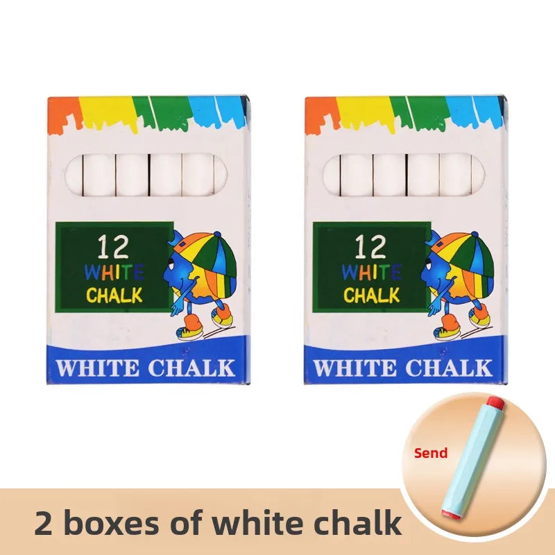 Two boxes of white chalk with colorful designs and storage compartments