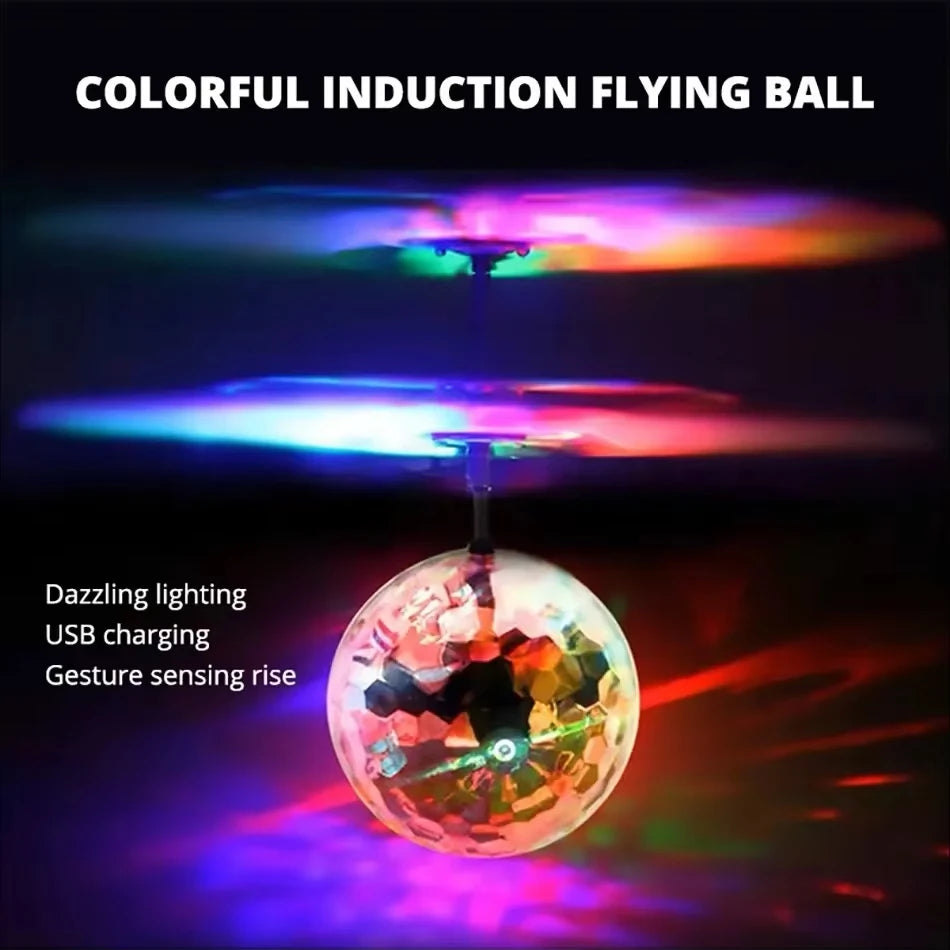 A colorful induction flying ball levitating above a surface, displaying dazzling light effects.