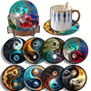 A set of eight DIY diamond art coasters with a holder, featuring various nature and abstract designs.
